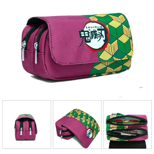 Anime Demon Slayer Kimetsu No Yaiba Pencil Bag Large Capacity Double Zipper Canvas Stationery Box Kawaii Wallet Storage Bag