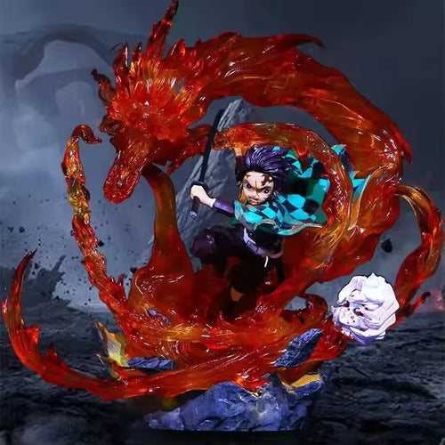 30cm New Demon Slayer Anime Figure Fire Dragon Fighting Stance Kamado Tanjirou Model Collection Desktop Display Gift Toys