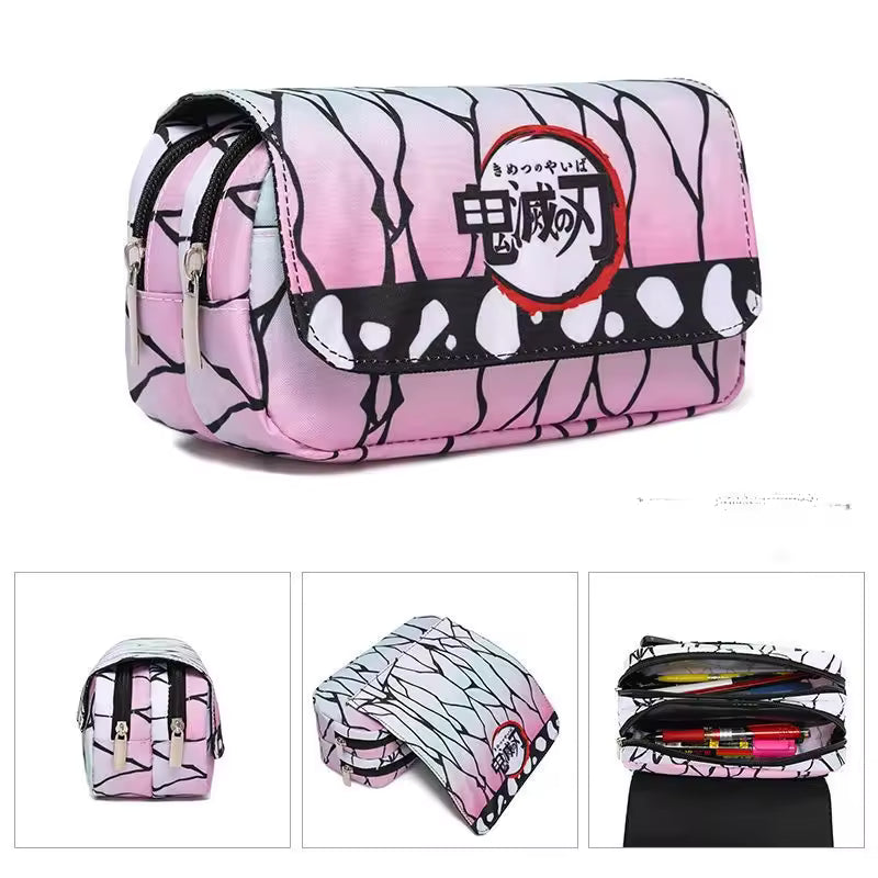 Anime Demon Slayer Kimetsu No Yaiba Pencil Bag Large Capacity Double Zipper Canvas Stationery Box Kawaii Wallet Storage Bag