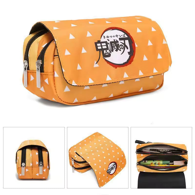Anime Demon Slayer Kimetsu No Yaiba Pencil Bag Large Capacity Double Zipper Canvas Stationery Box Kawaii Wallet Storage Bag