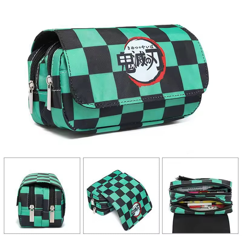 Anime Demon Slayer Kimetsu No Yaiba Pencil Bag Large Capacity Double Zipper Canvas Stationery Box Kawaii Wallet Storage Bag
